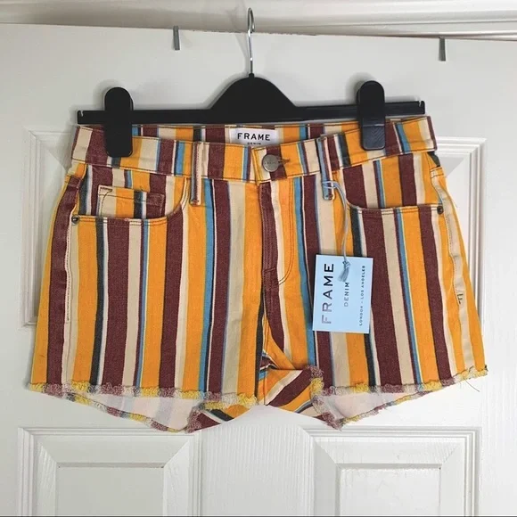Frame Striped Raw Hem Denim Cutoff Shorts Multicolor Sz 25 NWT